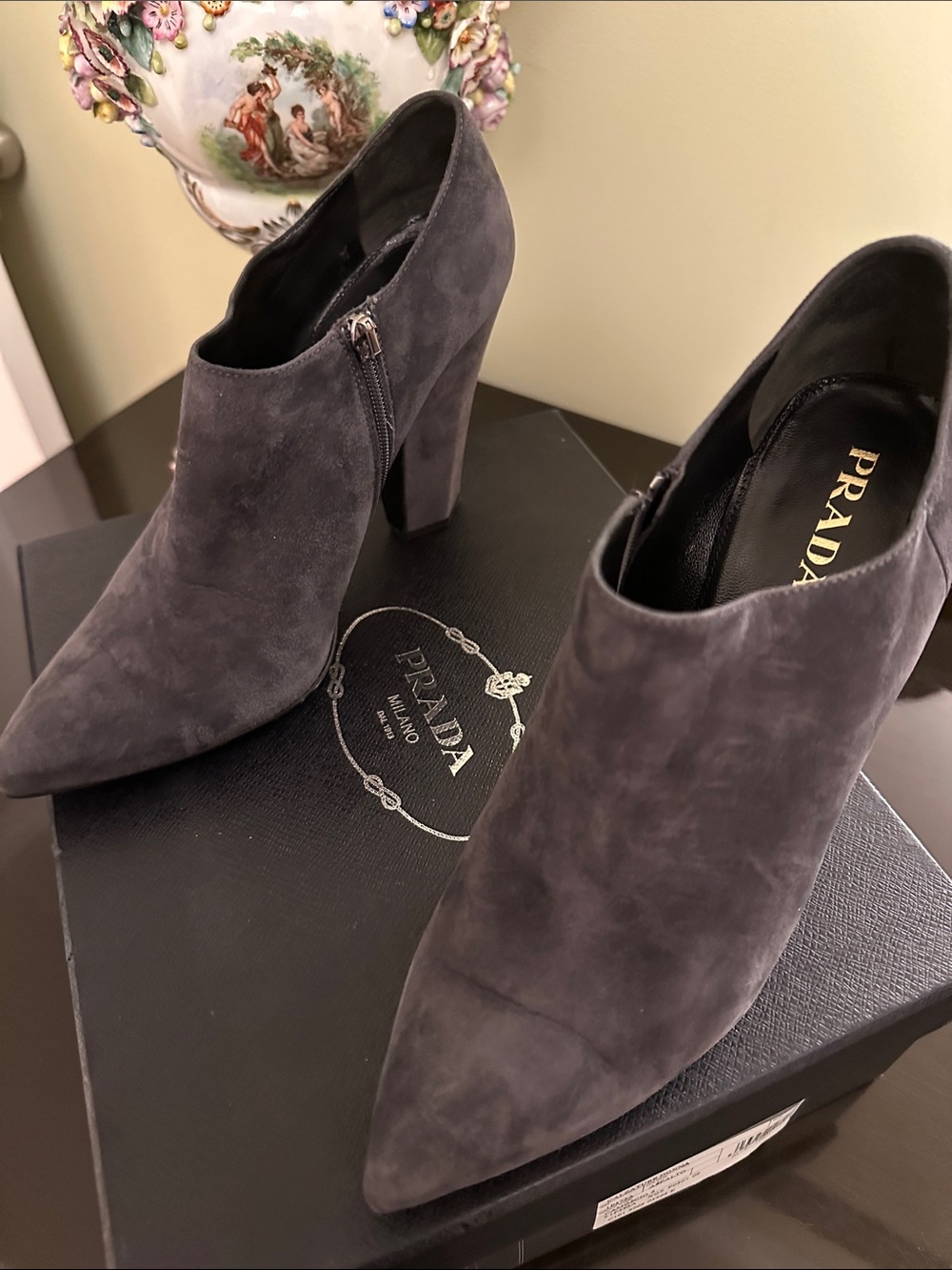 Prada Calzature Donna Gray Suede Pointed-Toe Ankle Booties